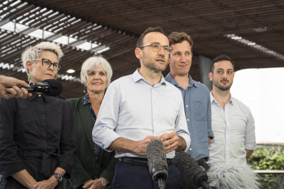 Greens leader Adam Bandt (front) in Brisbane with Senator-elect Penny Allman-Payne, successful candidates Elizabeth Watson-Brown (Ryan) and Max Chandler-Mather (Griffith), and Brisbane candidate Stephen Bates.