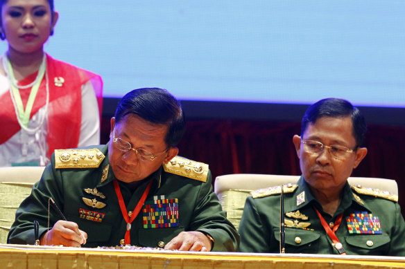 Myanmar’s coup leader Aung Hlaing, left, with Vice Senior General Soe Win.