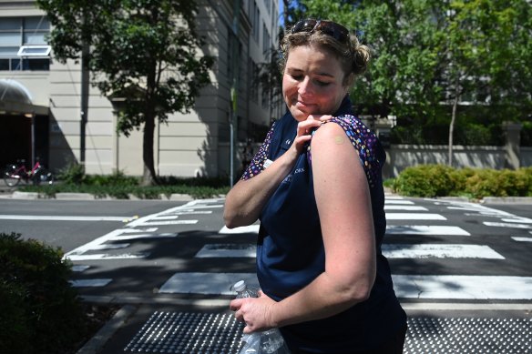 St Vincent’s Hospital’s Rachel Macfarlane after receiving her Pfizer COVID-19 vaccine.