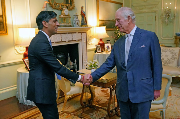 The King, pictured meeting British Prime Minister Rishi Sunak on February 21.