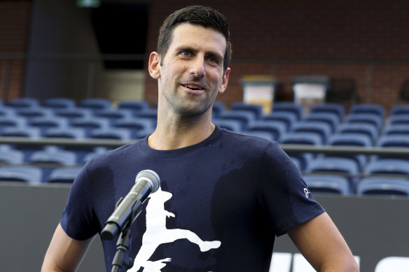 Novak Djokovic addresses the media following a practice session ahead of the Adelaide International Tennis tournament. 