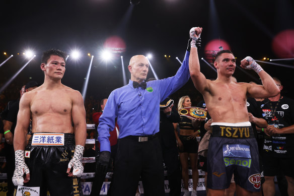 Tim Tszyu celebrates winning  the WBO Global and Asia Pacific Super Welterweight title bout.