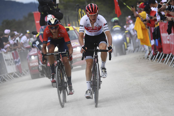 A bit dusty: Giulio Ciccone, right,  and Dylan Teuns ride a grave section during stage six.