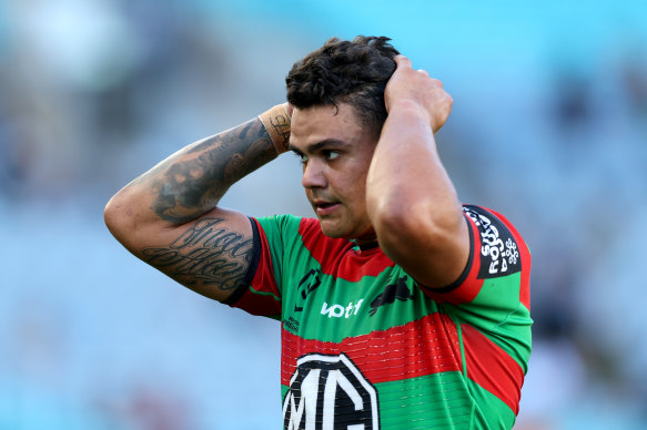Latrell Mitchell of the Rabbitohs reacts following the round five NRL match between South Sydney Rabbitohs and New Zealand Warriors at Accor Stadium.