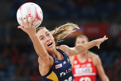 Cara Koenen of the Lightning drags in a pass against the Swifts on Saturday night.