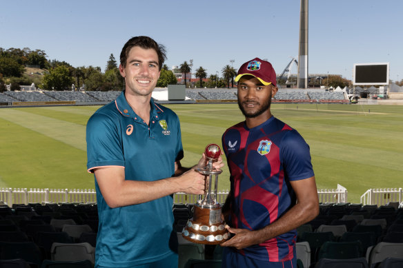 Captains Pat Cummins of Australia and Kraigg Braithwaite of the West Indies with the Frank Worrell trophy ahead of the first Test.