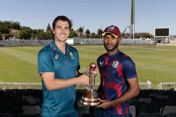 Australian captain Pat Cummins held the ball in place atop the Frank Worrell Trophy when he and West Indies skipper Kraigg Braithwaite posed before the first Test.