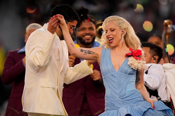 Bad Bunny’s performance – along with a cast of stars including Lady Gaga (pictured) and Ricky Martin – was a joyous celebration of Latino culture.