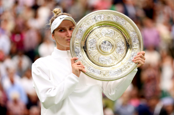 Marketa Vondrousova of Czech Republic celebrates winning the women’s singles final at Wimbledon.