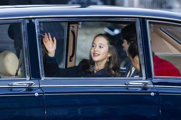 Princess Josephine waves as she and her siblings Prince Vincent, Princess Isabella and Crown Prince Christian arrive at Amalienborg.