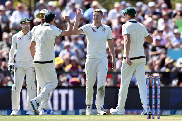 Cameron Green celebrates the wicket of Tom Blundell. 