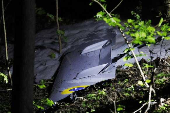 A part of a Russian military drone on the ground after being downed in downtown Kyiv on Thursday.