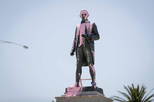 The vandalised Captain Cook statue in St Kilda on January 25, 2018.