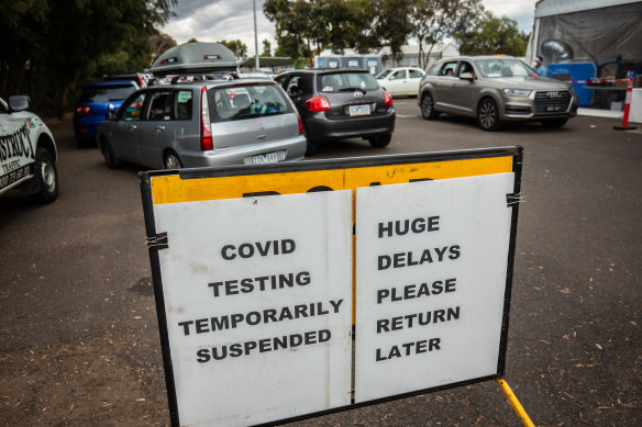 Signs at a testing clinic in West Footscray on Saturday.