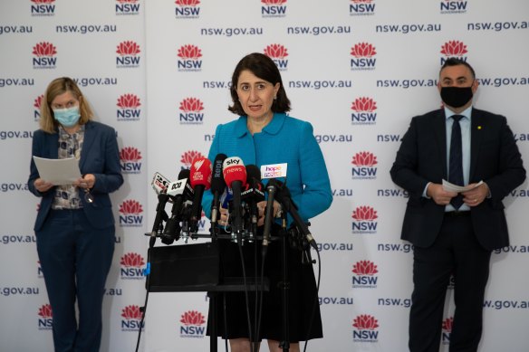 NSW Chief Health Officer Dr Kerry Chant, Premier Gladys Berejiklian and Deputy Premier John Barilaro on Thursday.