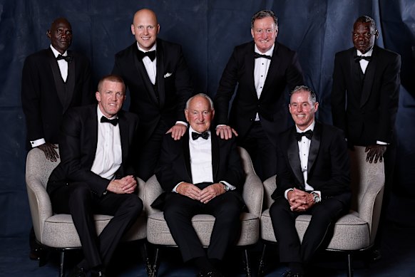 Inductees of the Australian Football Hall of Fame class of 2026 (from back left): Ron Pupangamirri (nephew of David Kantilla, dec), Gary Ablett jnr, John Worsfold, Dean Pupangamirri (nephew of David Kantilla, dec), Dustin Fletcher (front left), Bill Walker (Legend status) and Hayden Kennedy.