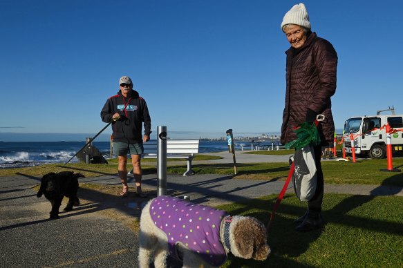 “Why couldn’t they put them off Sydney Heads”: Glenn Burgess and Nicky Maguire walking their dogs on Towradgi beach. 