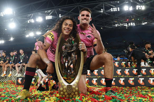 Jarome Luai and Nathan Cleary after winning their fourth premiership together.
