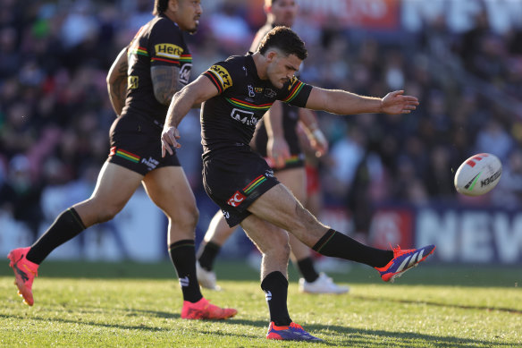 Nathan Cleary kicks the match-winning field goal.