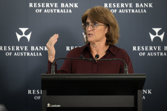 RBA governor Michele Bullock speaking at the post-rates announcement press conference today.