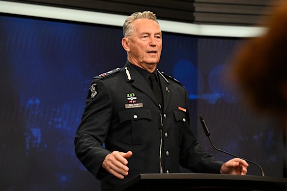 Victoria police Commissioner Mike Bush speaks to the media on Monday morning. Later, he gave reporters an update at the scene.