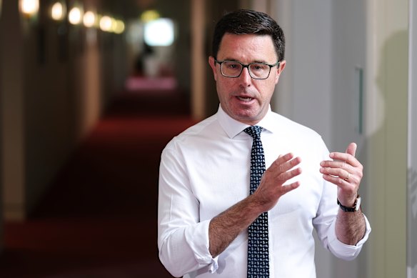 Nationals leader David Littleproud during a doorstop interview in the press gallery at Parliament House in Canberra on Monday.