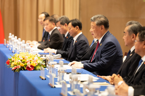 President Xi Jinping and the Chinese delegation during a bilateral meeting with Prime Minister Anthony Albanese and the Australian delegation in Rio de Janeiro.