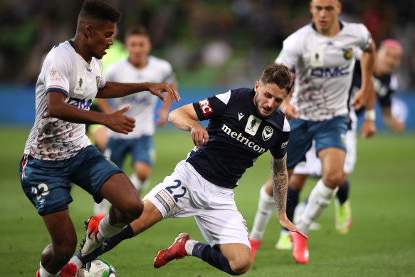 Victory’s Jake Brimmer is tackled.