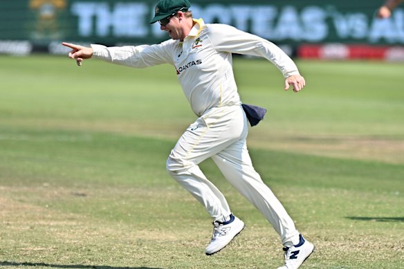 Steve Smith celebrates one of his catches on day three of the first Test, in Durban.