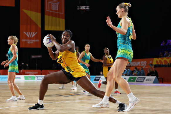 Jhaniele Fowler of Team Jamaica against Australia at the 2022 Commonwealth Games.