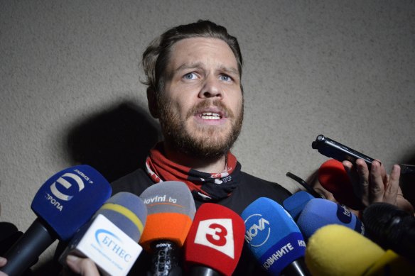 Jock Palfreeman speaks to the media as he leaves an immigration detention centre in Busmantsi, Bulgaria, on Tuesday.