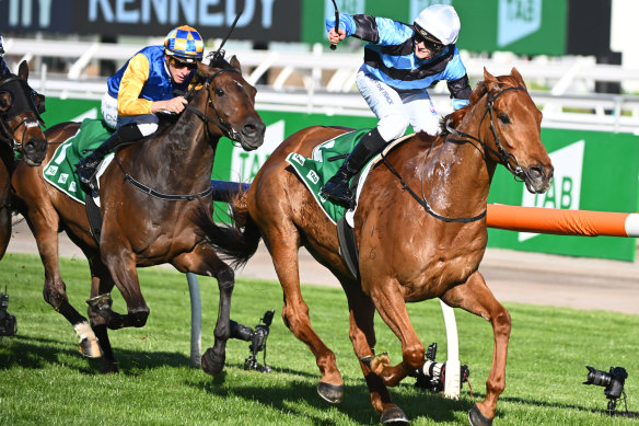 Ethan Brown pictured winning the Turnbull Stakes with Smokin’ Romans. 