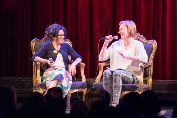 Crabb with Leigh Sales on stage during one of their Chat 10 Looks 3 live shows.