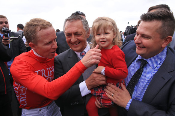 Peter Snowden with  granddaughter Demi,  Paul and jockey Kerrin McEvoy after winning the inaugural Everest with Redzel. 