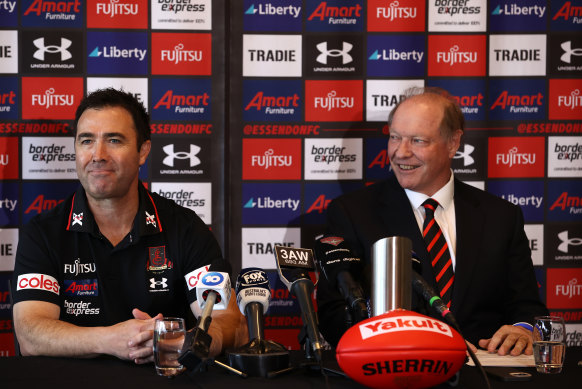 New Essendon coach Brad Scott and club president David Barham