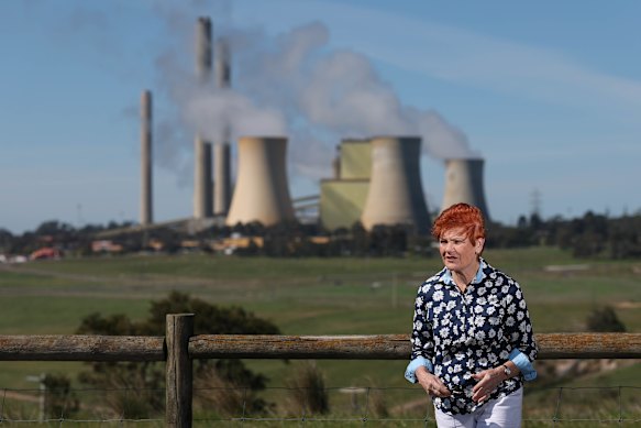 Pauline Hanson outside AGL’s Loy Yang A coal-fired power station in the Latrobe Valley.