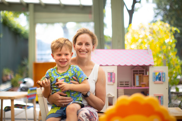 Jacinta Warburton and son Max at Summerhill Park Kindergarten.