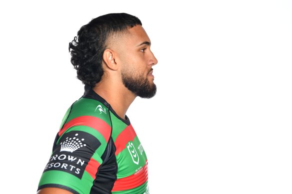 South Sydney’s Keaon Koloamatangi and the mullet that had previously caused dramas with his coach Wayne Bennett.