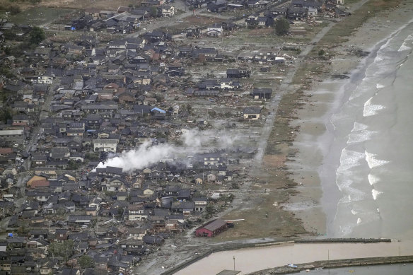 This aerial photo shows an area affected by the January 1 earthquake in Suzu, Japan.