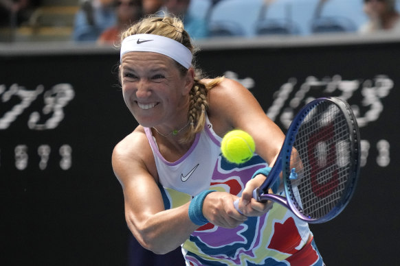 Victoria Azarenka returns the ball to Sofia Kenin on day one of the Open.