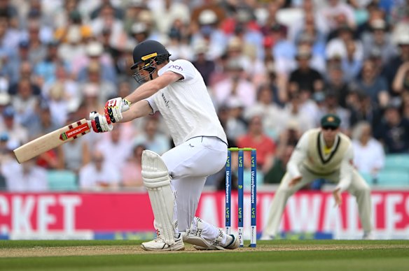 Zak Crawley smashes the first ball of the 2023 Ashes through cover for four.