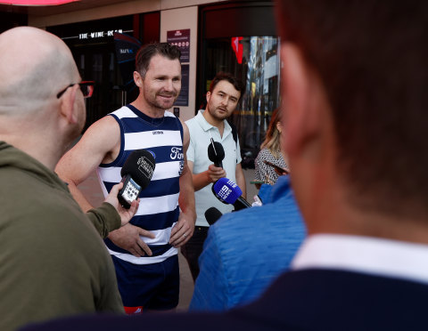Patrick Dangerfield speaks with the media at AFL captains’ day.