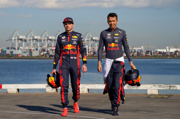 Red Bull Racing F1 drivers Max Verstappen (left) and Alexander Albon.