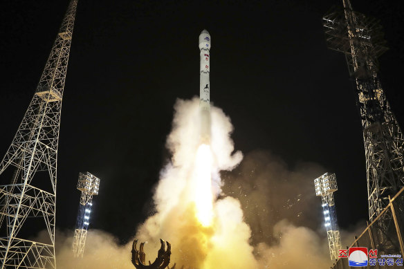 An image provided by the North Korean government depicting the launch of a military spy satellite in November. Independent journalists were not given access to cover the event.
