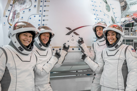 Members of the Polaris Dawn crew (from left): Anna Menon, a SpaceX engineer; Scott Poteet, a retired US Air Force pilot; Jared Isaacman, founder and chief of the company Shift4; and Sarah Gillis, who oversees astronaut training at SpaceX.