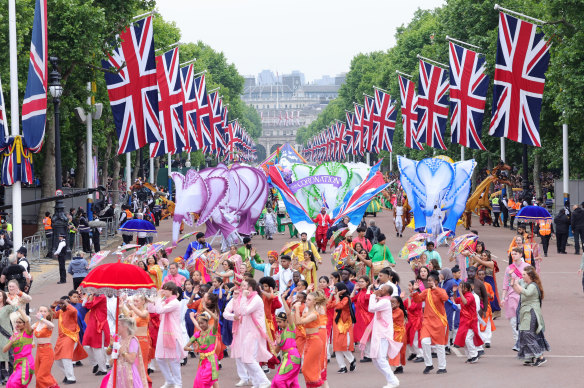 Hope, glory and more hope: Performers along The Mall during the Platinum Pageant in London.