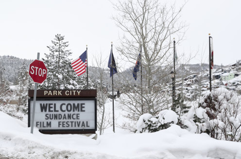 A sign outside Main Street welcomes visitors to the 2023 Sundance Film Festival in Park City, Utah.