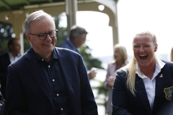 Emily Robinson laughs at a Prime Ministerial joke.