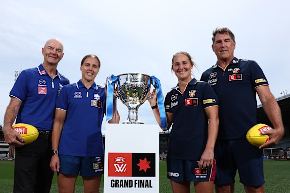 North Melbourne coach Darren Crocker, skipper Jasmine Garner, Brisbane Lions captain Bre Koenen and coach Craig Starcevich ahead of the 2025 AFLW decider.