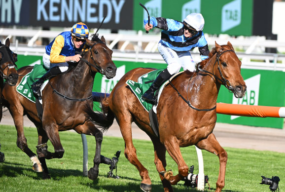 Ethan Brown gives a salute as Smokin’ Romans wins the Turnbull Stakes last month.